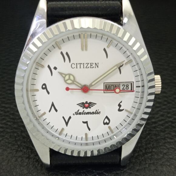 Vintage 1972 Arabic Citizen Automatic Mens Silver Watch W/daydate & Black accent - Picture 4 of 9